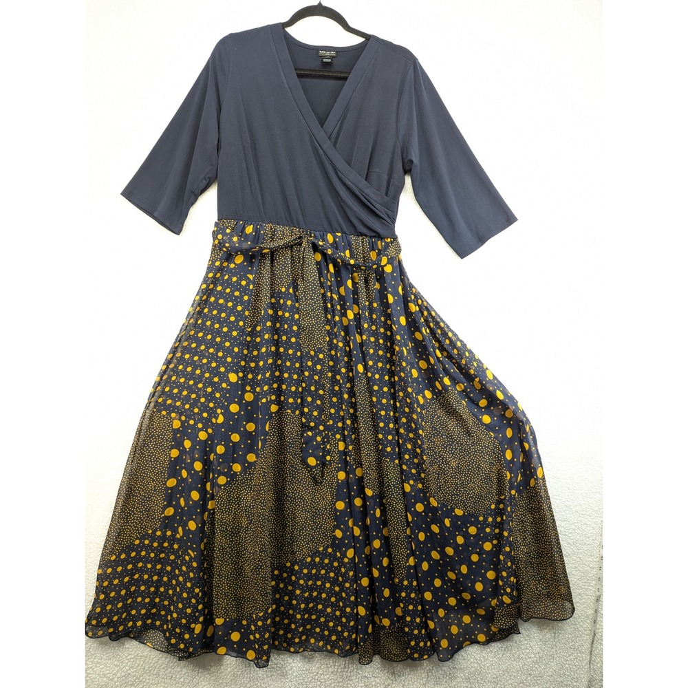 Kate and Lily Woman Navy Blue Yellow Polka Dot Maxi Dress 3/4 Sleeve Size L
